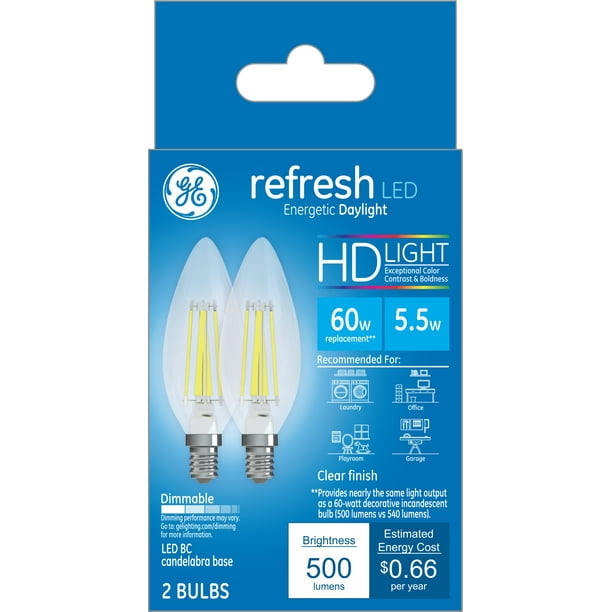2-Pack GE 68758 Refresh Dimmable LED 25w Replacement B11 Candelabra Base Torpedo Blunt Tip Clear Finish HD Light Energetic Daylight 